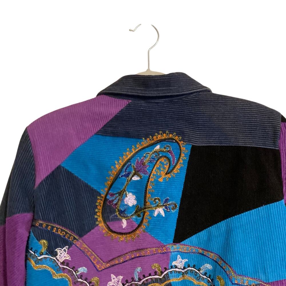 Vintage Y2K Julia Kim Blue Purple Corduroy Paisley Patchwork Blazer Size Medium - Picture 14 of 16